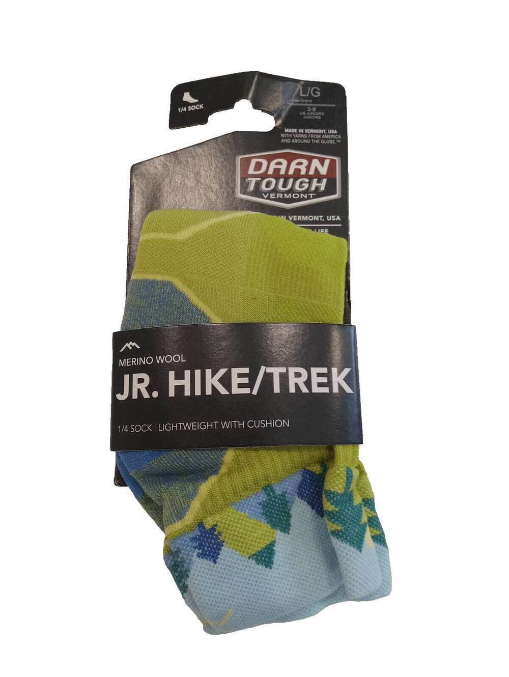 Darn Tough Juniors Hike Trek Merino Wool Socks Large 3-6 Green Blue Forest Graph